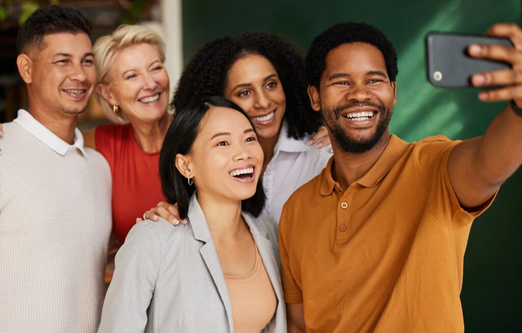 Selfie Smile and Group of Business People in Office Taking Pictures for Social Media Diversity